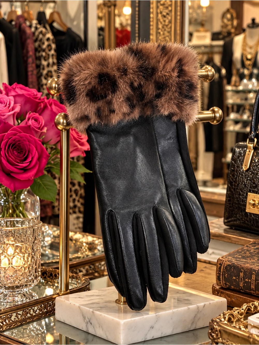 Lands' End Black Leather Gloves with Brown Leopard Faux Fur Cuff NWT Touchscreen